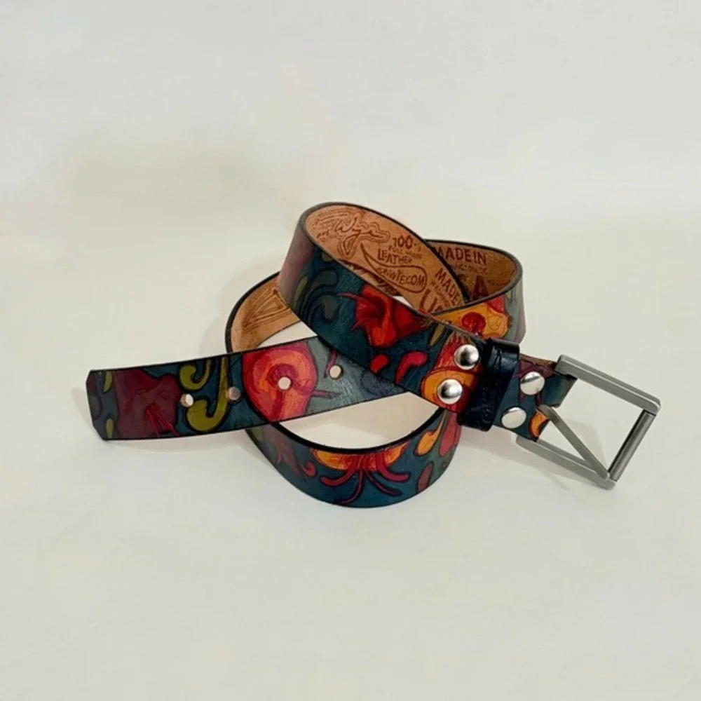 Unisex JON WYE Leather Floral Belt Western Retro Made in USA Men Women 46.5